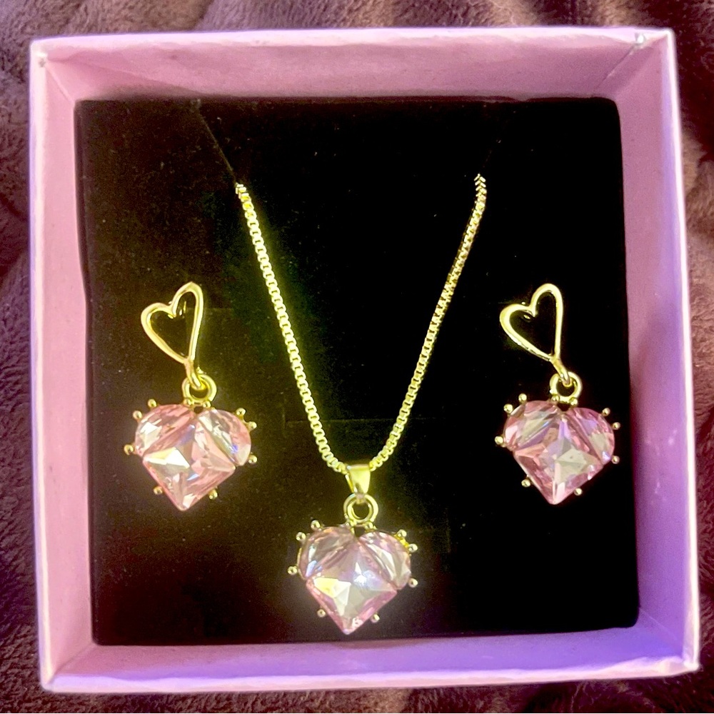 Gold Heart Pierced Pink Earrings and Necklace Set
